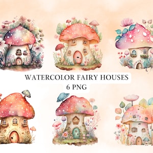 Cute Watercolor Fairy Houses Mushroom Set - 6 PNG Transparent Files - Digital Clip Art Set - Digital Download
