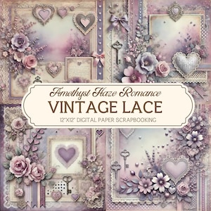 12x12"Vintage Scrapbook Papier, Lila Amethyst Haze Romanze, Digitale Spitze Florals Scrapbook Papier, Spitze Scrapbooking, Junk Journal Kit