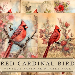 8 páginas imprimíveis de papel de ilustração cardinal vermelho aquarela vintage JPG, álbum de recortes, diário de lixo, fabricação de cartões, artesanato em papel digital