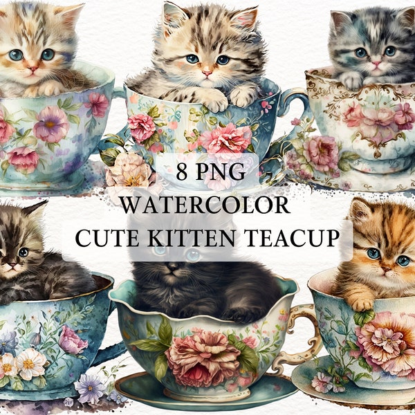 8 PNG Watercolor Vintage Cute Kitten in the Teacup Set - Cat Instant Download Print - Transparent Files - Digital Instant Download