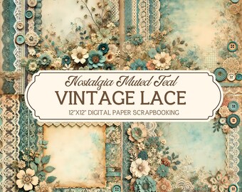 Vintage Lace Digital Paper: Teal Floral Scrapbook (12x12, Digital Download)