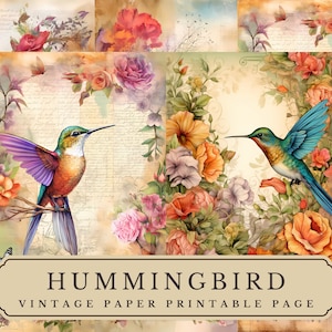 8 JPG Hummingbird Decoupage Paper, Junk Journal Paper,  Digital Scrapbooking, Vintage, Ephemera, Digital paper, Junk Journal Kit, Printable