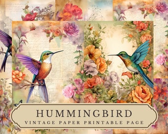 Hummingbird Decoupage Paper: Vintage Floral Ephemera (JPG Digital Download)