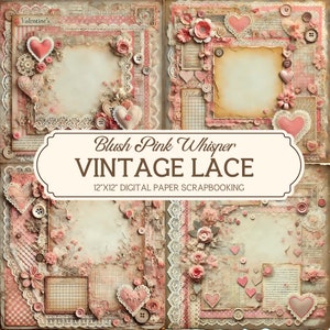 Papel para álbum de recortes de San Valentín vintage de 12 x 12 pulgadas, rosa ruborizado, papel para álbum de recortes con encaje digital, kit de diario con encaje, material efímero