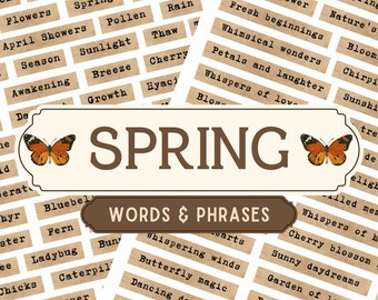 Printable Spring Quotes, Vintage Botanical Ephemera, Floral Junk Journal Sentiments, Nature Scrapbooking Word Strips, Cottagecore Labels