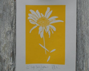 Daisy. Lino cut print. Hand burnished. Yellow