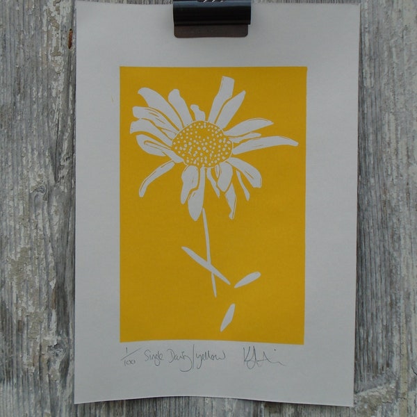 Daisy. Lino cut print. Hand burnished. Yellow