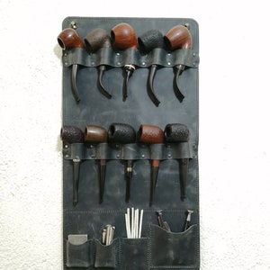 Leather wall stand for 5 or 10 pipes and accessories, Pipe rack