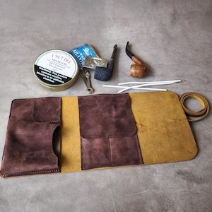 Rotolo di custodia in pelle per 2 pipe e scatola di tabacco da 2 once