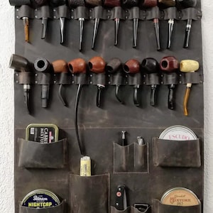 Leather wall rack for holding tobacco pipes and accessories, Wall pipe stand for home or office, anniversary gift
