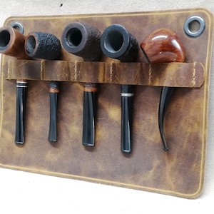 Leather wall pipe stand holder , Handcrafted rack for 5 pipes