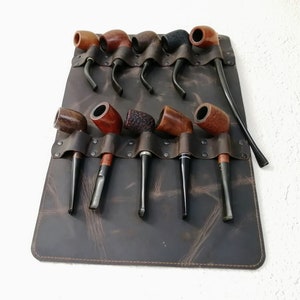 Leather wall stand for 5 or 10 pipes, anniversary gift, pipe rack