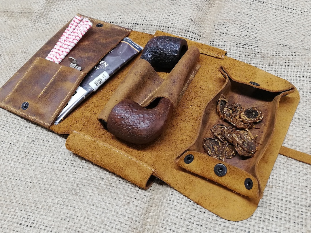 Leather Pipe Pouch Roll for 2 Pipes With Leather Valet Tray for