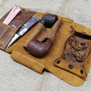 Leather pipe pouch roll for 2 pipes with leather valet tray for preparation of pipe tobacco