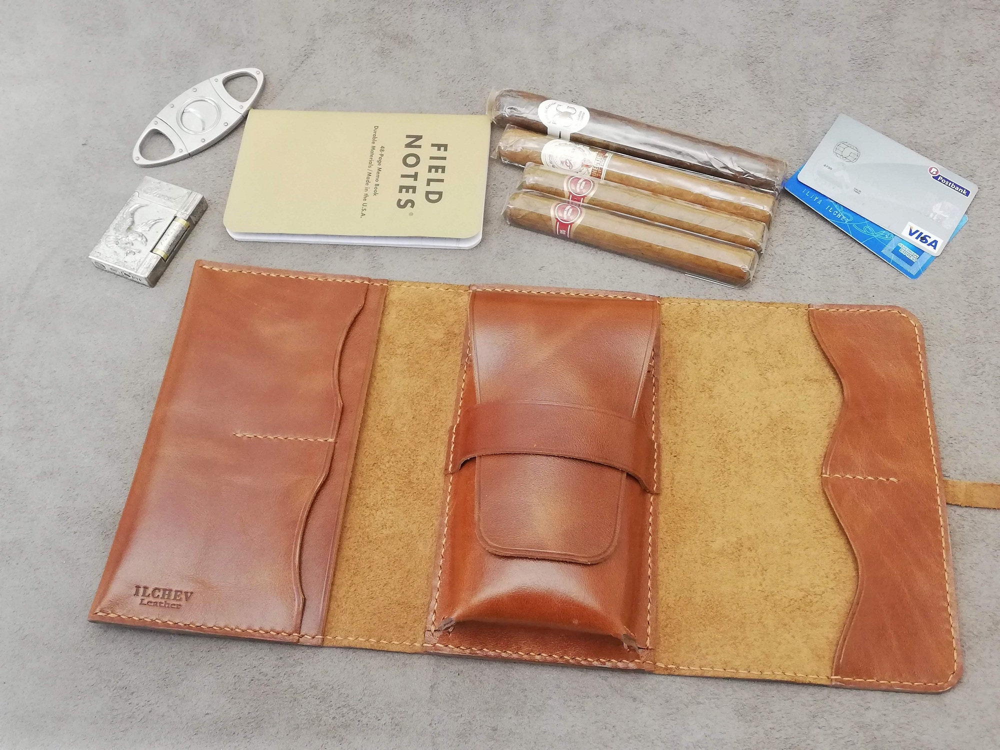 Leather Cigar Pouch With Cards Slots and Field Notes Pocket Etsy