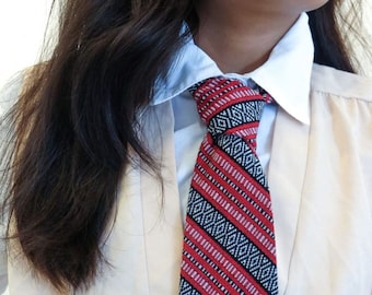 Philippine Handwoven Fabric Standard Cotton Necktie - Red and Black Stripes Office Father's Day Gift for Him Filipino Present Ethnic Pattern