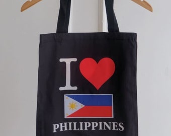 I HEART Philippines Bag Canvas Black Flag Patch Casual Tote Filipino Pride Manila