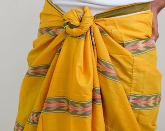 Authentic Bright Lemon Yellow Silky Malong Random Geometric Pattern Accents Solid Color