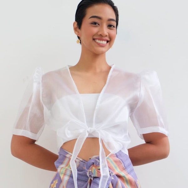 Pearl White Crop Organza Bolero Sheer Shiny Top Blouse Cover-Up See through Terno Butterfly Sleeves Ribbon Bow Casual Modern Filipiniana