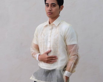 Schiere Organza Barong Tagalog Filippiniana Bestickte Abendgarderobe Langärmelige Hochzeitskleidung Lumban Philippinen