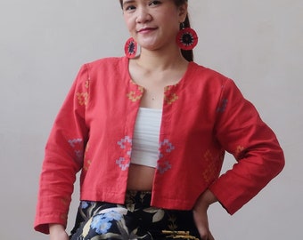 Red Inaul Crop Jacket Handwoven Fabric Gift Colorful Woven Cultural Ethnic Filipino Top Clothing Philippines Holiday New Year Festive