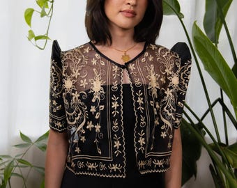 Sampaguita Butterfly Sleeve Bolero – Black | Butterfly Sleeve Terno, Modern Filipiniana USA, Womens Barong Blouse, Filipino Formal Wear