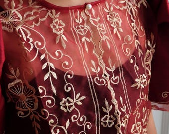 Rosal Butterfly Sleeve Bolero – Maroon | Butterfly Sleeve Terno, Modern Filipiniana USA, Womens Barong Blouse, Filipino Formal Wear