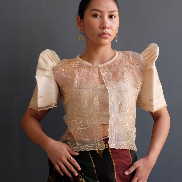 Cream Butterfly Sleeve Bolero Modern Filipiniana Embroidered Women Neutral Color Top Organza Lumban Philippines