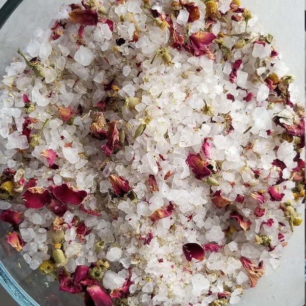 Ease: Epsom Salt Floral Bath Tea / Relaxing Bath Soak / Bath Salts With Rose & Chamomile / Bridal Baby Shower Gift / Tea Infused Bath Salts