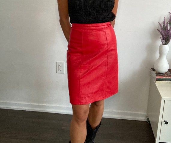 Vintage red leather pencil skirt