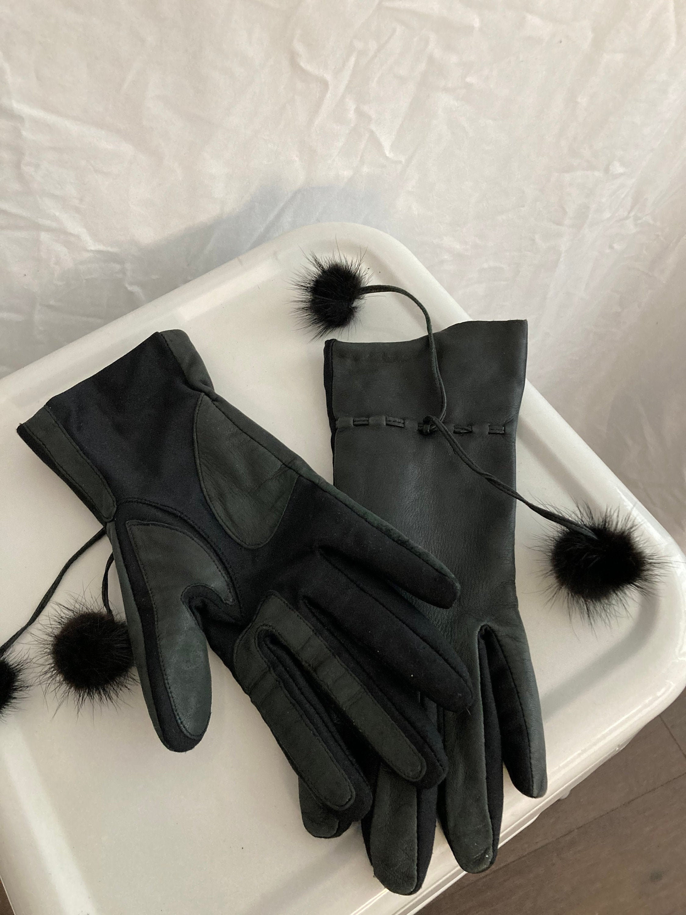 Vintage Black Isotoner Gloves with pom poms Etsy