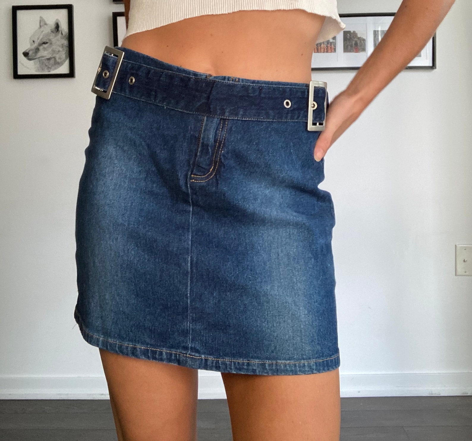 Y2K mini jean denim skirt with buckle strap | Etsy