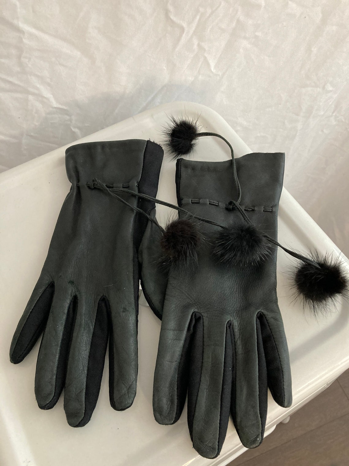 Vintage Black Isotoner Gloves with pom poms | Etsy