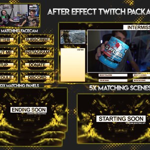 Może przedstawiać: Pakiet Twitch z 12 pasującymi panelami i 5 pasującymi scenami. Panele zawierają przyciski do Twittera, Subskrybuj, O mnie, Instagram, Ustawienia, Wspieraj, Harmonogram i Discord. Sceny obejmują ekran z nadchodzącym rozpoczęciem, ekran z nadchodzącym zakończeniem i ekran przerwy. Pakiet jest zaprojektowany w czarno-złotej kolorystyce z efektem pikselowym.