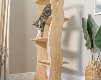 natural wood cat tree, cat scratching post Entertainment, wood modern Cat furniture play Climbing, Luxury Cat tree