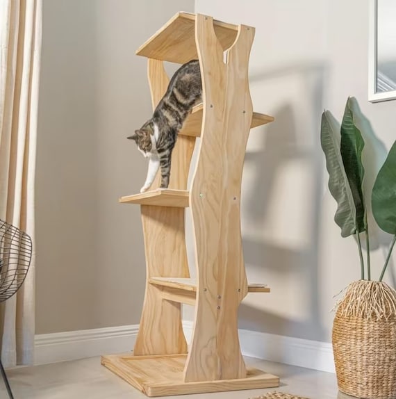 natural wood cat tree, cat scratching post Entertainment, wood modern Cat furniture play Climbing, Luxury Cat tree