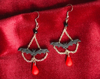 Vampire Bat Earrings - bat and blood drop chain with faceted bead