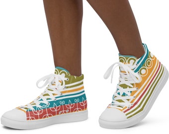 KENZY High-Top-Canvas-Schuhe für Damen in einem leuchtenden Retro-Muster in leuchtendem Rot, Gelb, Türkis und Grün.