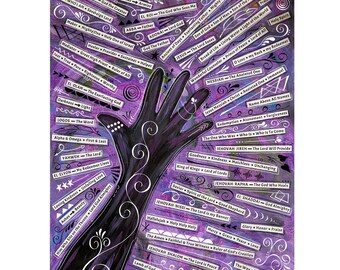 PURPLE WORSHIP - 12x16 digital download poster print with names and attributes of God, Christian art, prophetic art