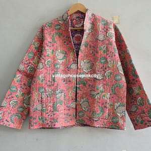 Pink Floral Block Print Quilted Jacket: Handmade Reversible Cotton Coat
