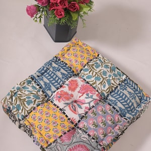 Indian Patchwork Floor Cushion: Upcycled Kantha Pillow, 16x16