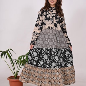 Boho Patchwork Maxi Dress: Multicolor Block Print Cotton Gown