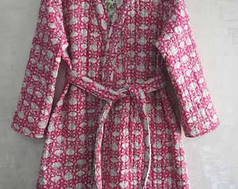 Pikowana kurtka bawełniana, indyjska, ręcznie robiona, dwustronna, z nadrukiem kwiatowym, kurtka kimono