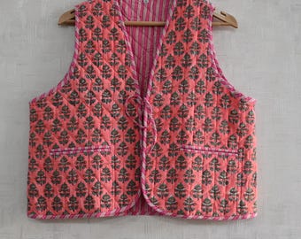 Indian Hand Block Print Cotton Quilted Vest Jacket Designer Floral