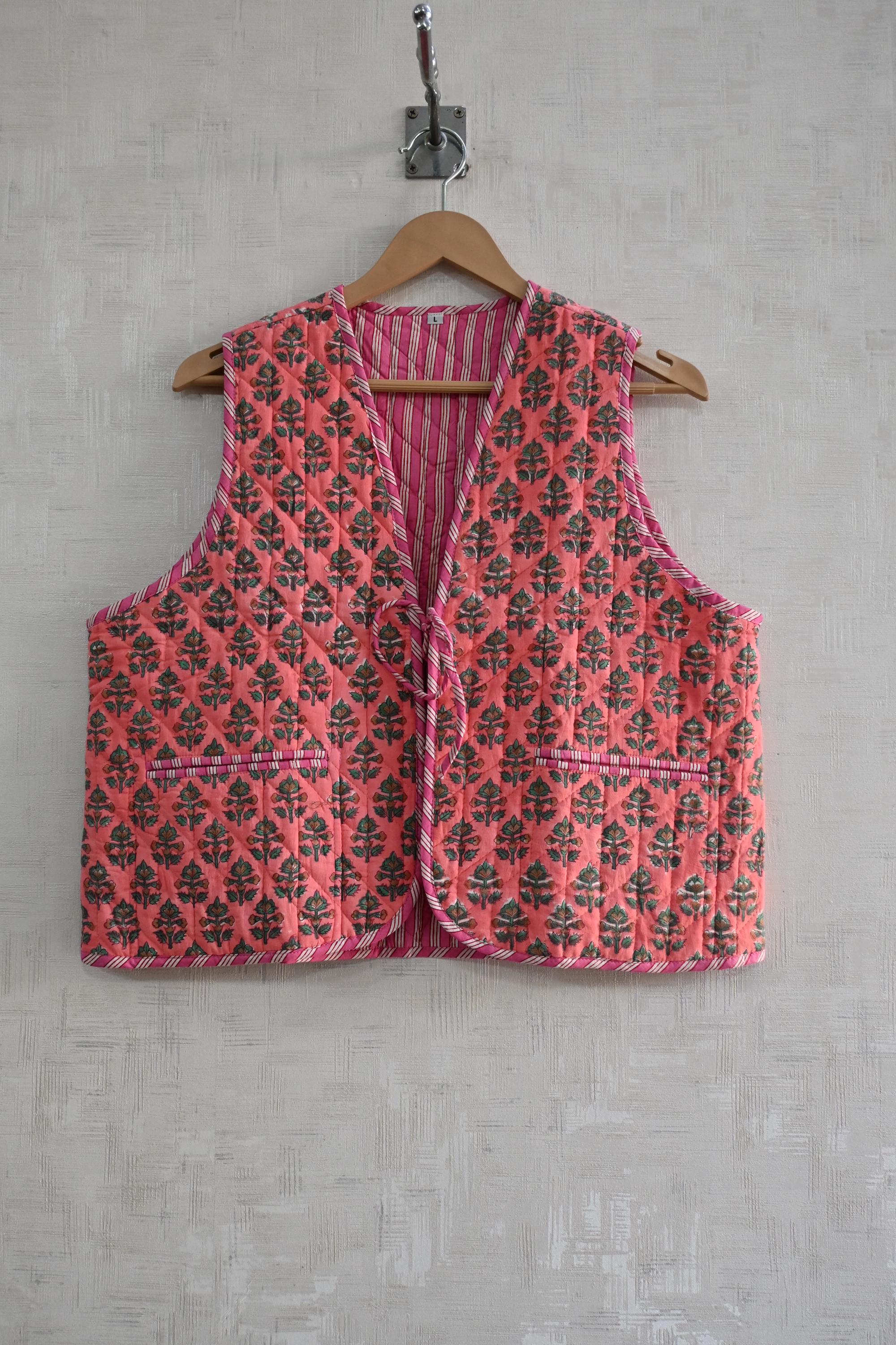 Indian Hand Block Print Cotton Quilted Vest Jacket Designer Floral