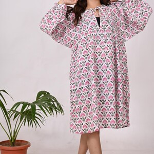 Hand Block Printed Cotton Dress: Floral Jaipuri Print, Hippie Beachwear