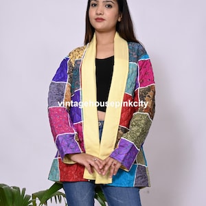 Boho Patchwork Silk Jacket: Handmade Vintage Quilted Coat
