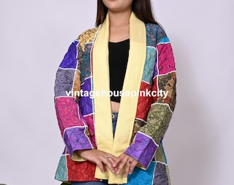 Boho Patchwork Silk Jacket: Handmade Vintage Quilted Coat