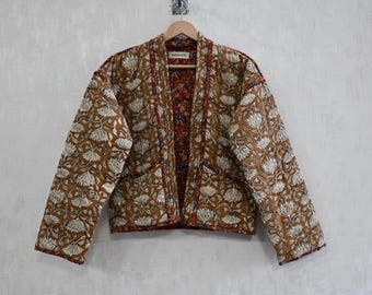 Chaqueta acolchada con estampado de bloques de algodón, estilo bohemio, reversible, ligera y elegante para mujer.