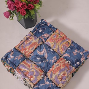 Handmade Cotton Patchwork Floor Cushion Upcycled Kantha Pillow 15